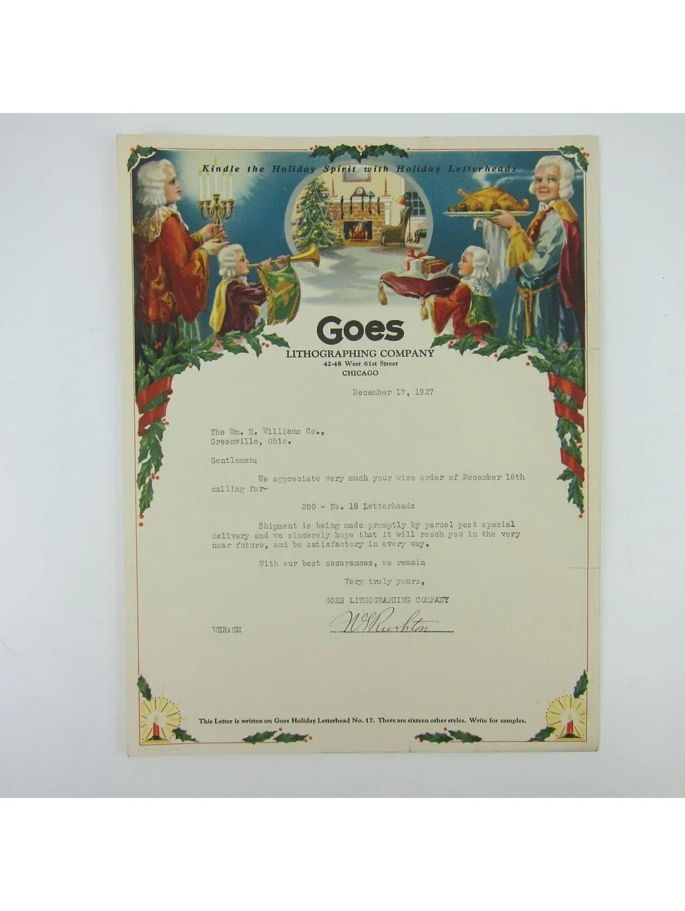 Vintage 1927 Christmas Stationery Sample Royal Meal Fireplace Goes Lithography